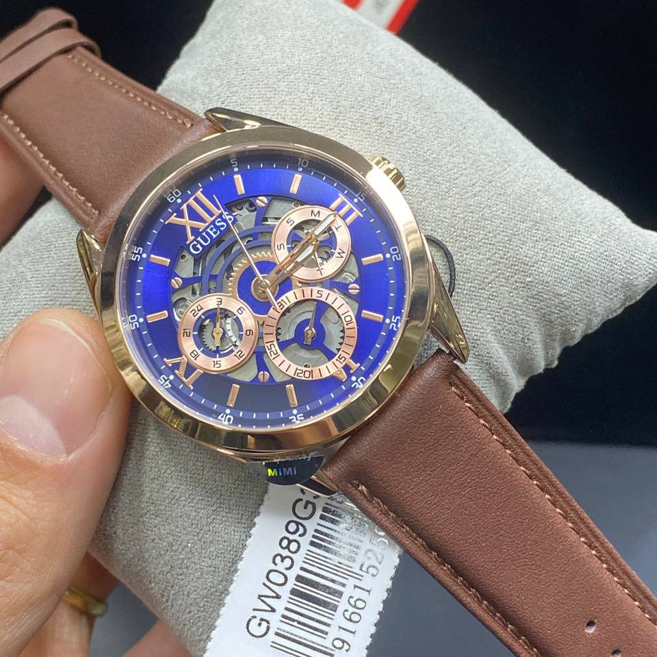 Guess Tailor GW0389G3 Rose Gold Case Blue Skeleton Dial Brown Leather Watch