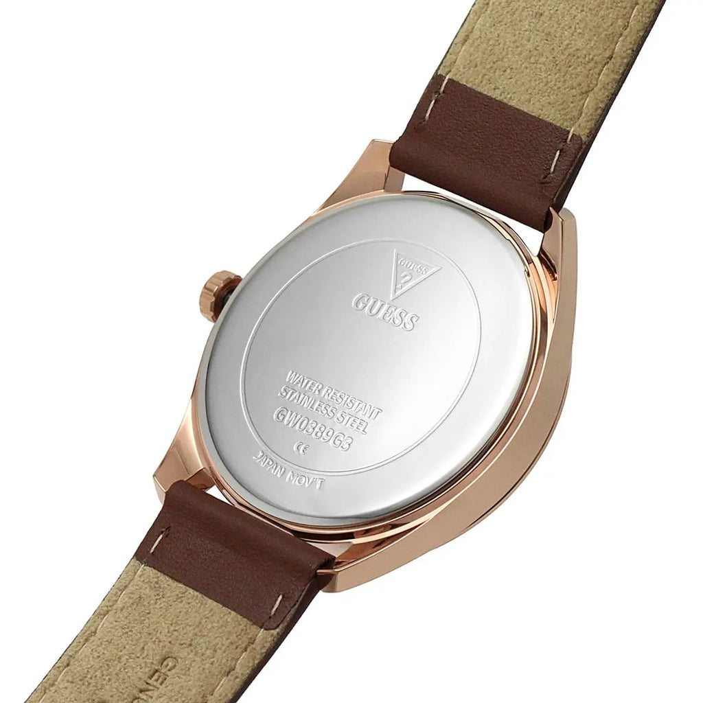 Guess Tailor GW0389G3 Rose Gold Case Blue Skeleton Dial Brown Leather Watch