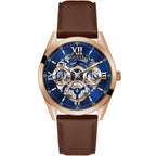 Guess Tailor GW0389G3 Rose Gold Case Blue Skeleton Dial Brown Leather Watch