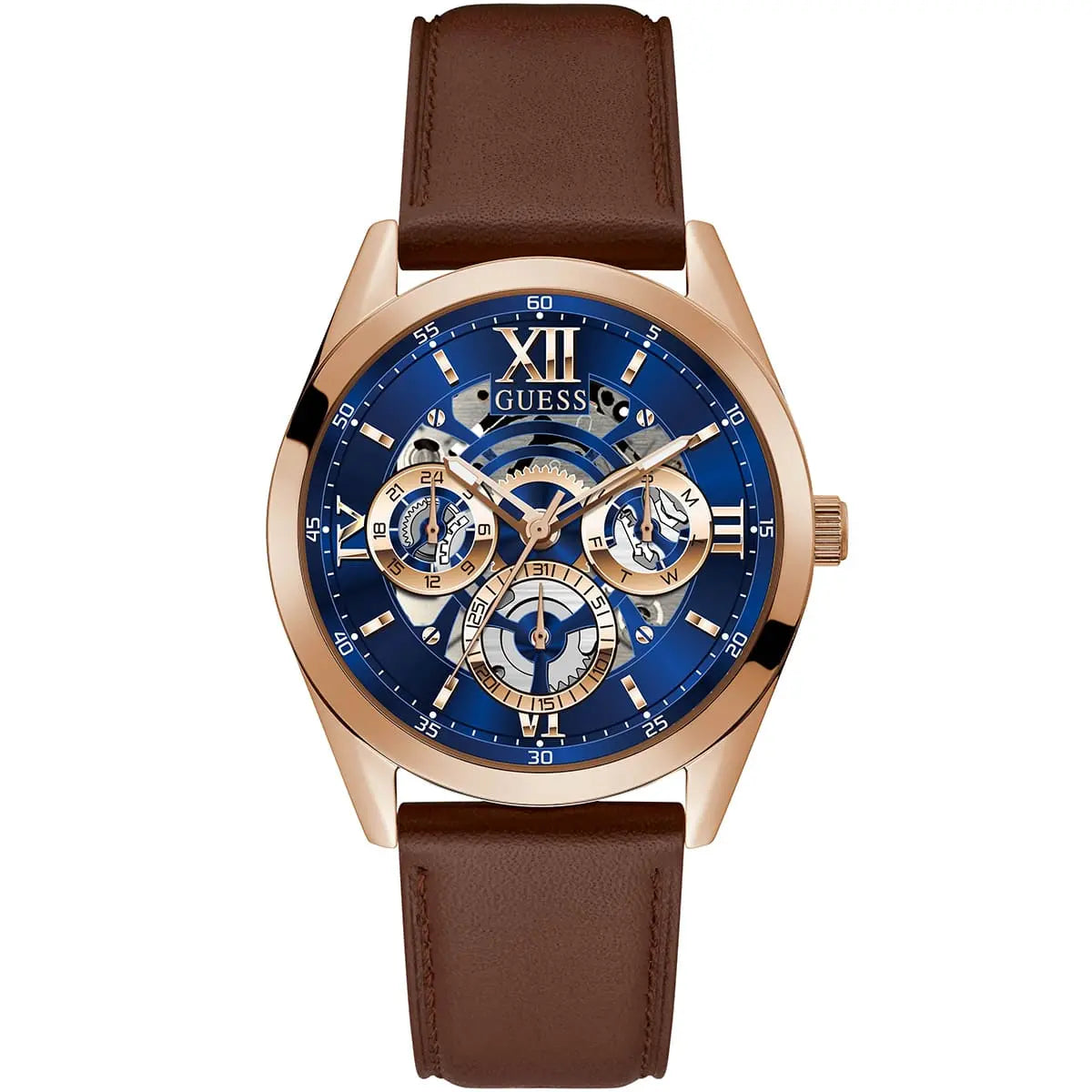 Guess Tailor GW0389G3 Rose Gold Case Blue Skeleton Dial Brown Leather Watch