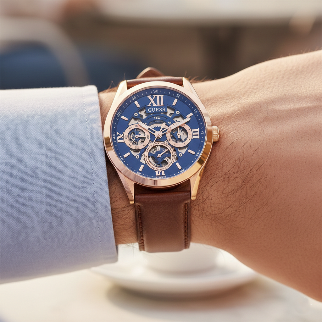 Guess Tailor GW0389G3 Rose Gold Case Blue Skeleton Dial Brown Leather Watch