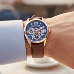 Guess Tailor GW0389G3 Rose Gold Case Blue Skeleton Dial Brown Leather Watch