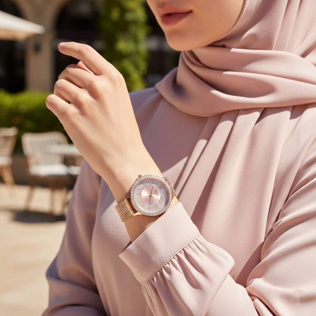 ساعة يد نسائية Guess Dress GW0402L3 شبكية كريستال بلون روز جولد