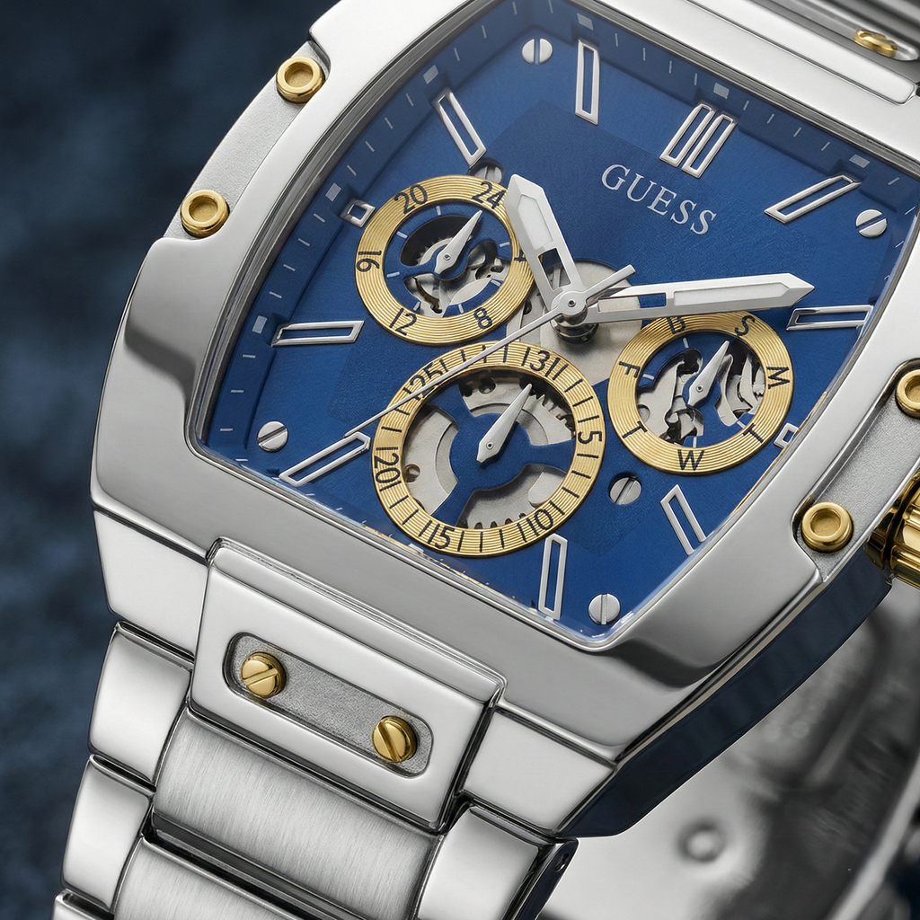 Guess Phoenix GW0456G5 Silver Tonneau Case Blue Dial Multifunction Watch