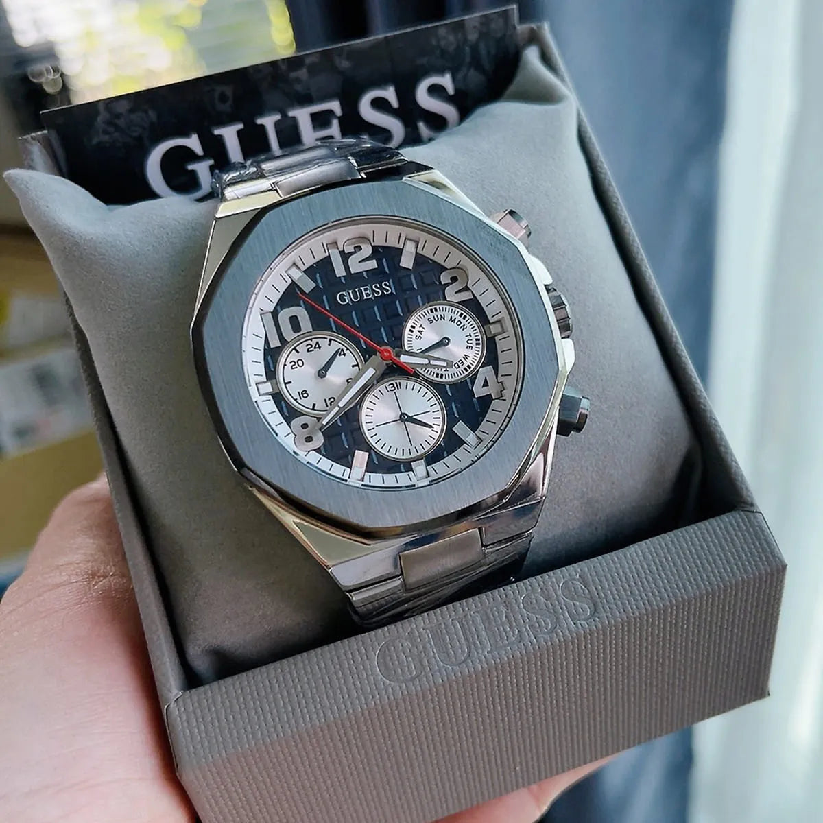 Guess Empire GW0489G1 Silver Steel Case Blue Textured Dial Men's Watch