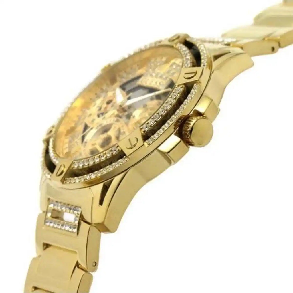 ساعة رجالي بهيكل عظمي مرصعة بالكامل بالكريستال الذهبي من Guess Headline GW0497G2