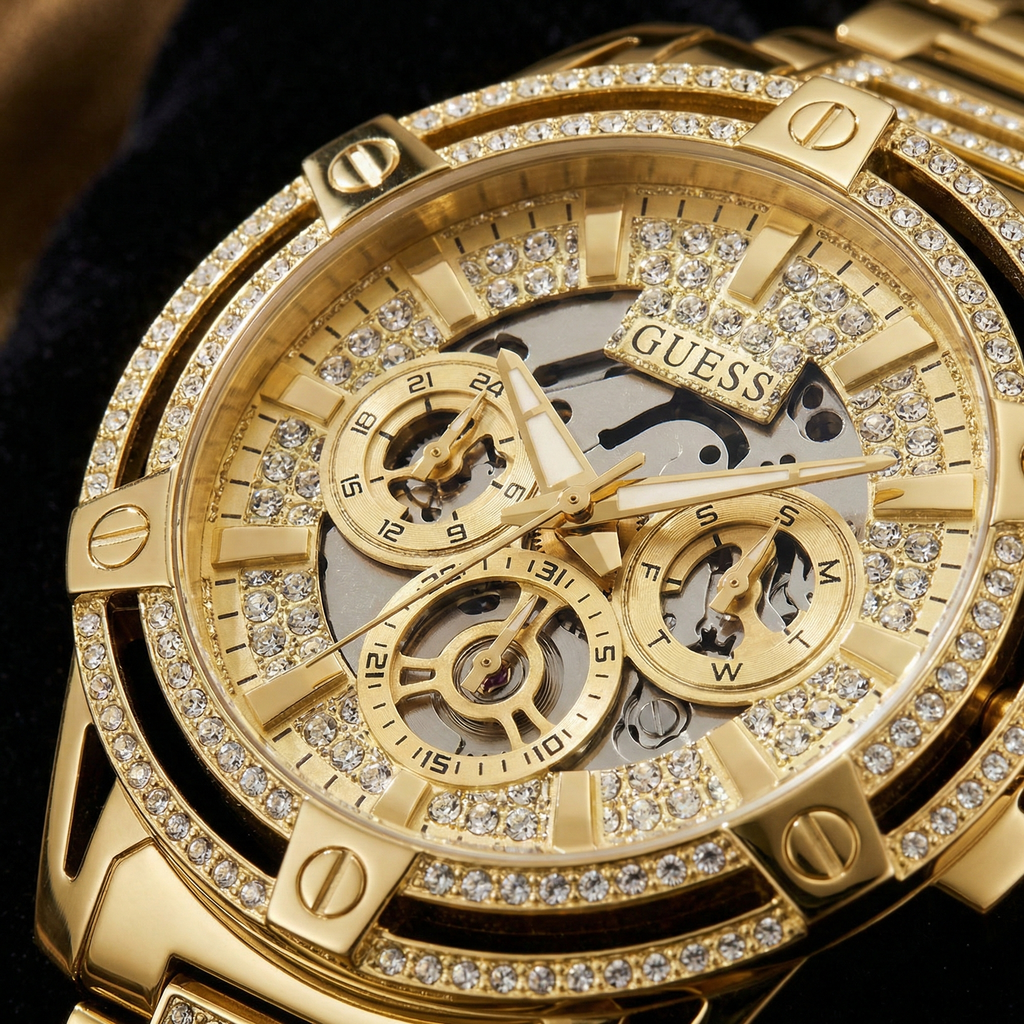 ساعة رجالي بهيكل عظمي مرصعة بالكامل بالكريستال الذهبي من Guess Headline GW0497G2