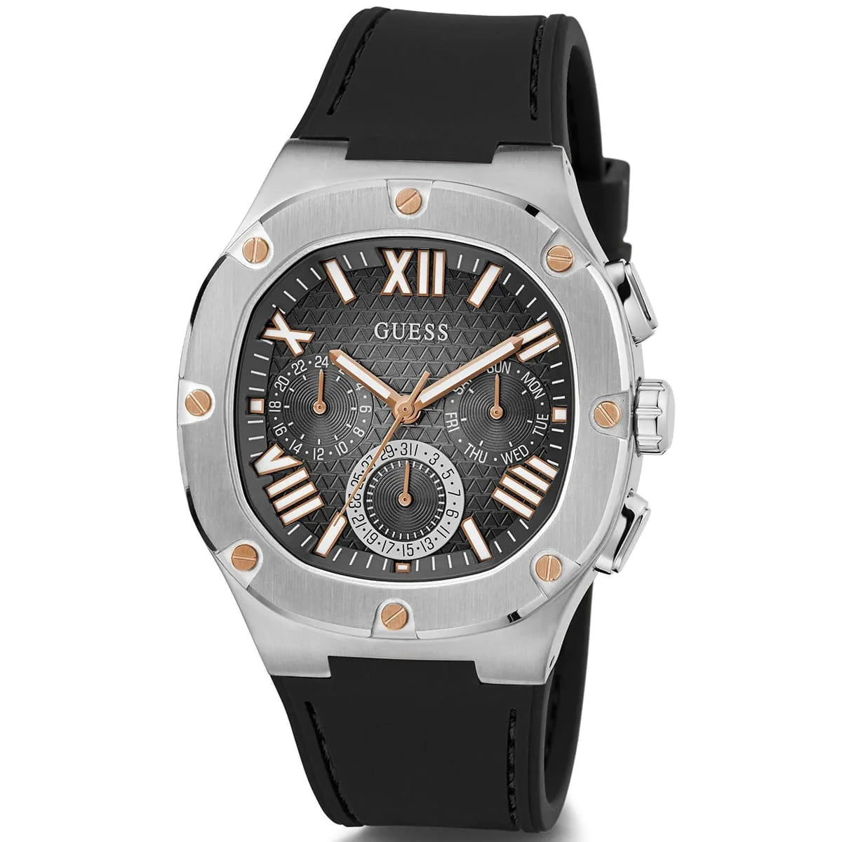 Guess Headline GW0571G1 Silver Case Black Dial Black Rubber Strap Men's Watch