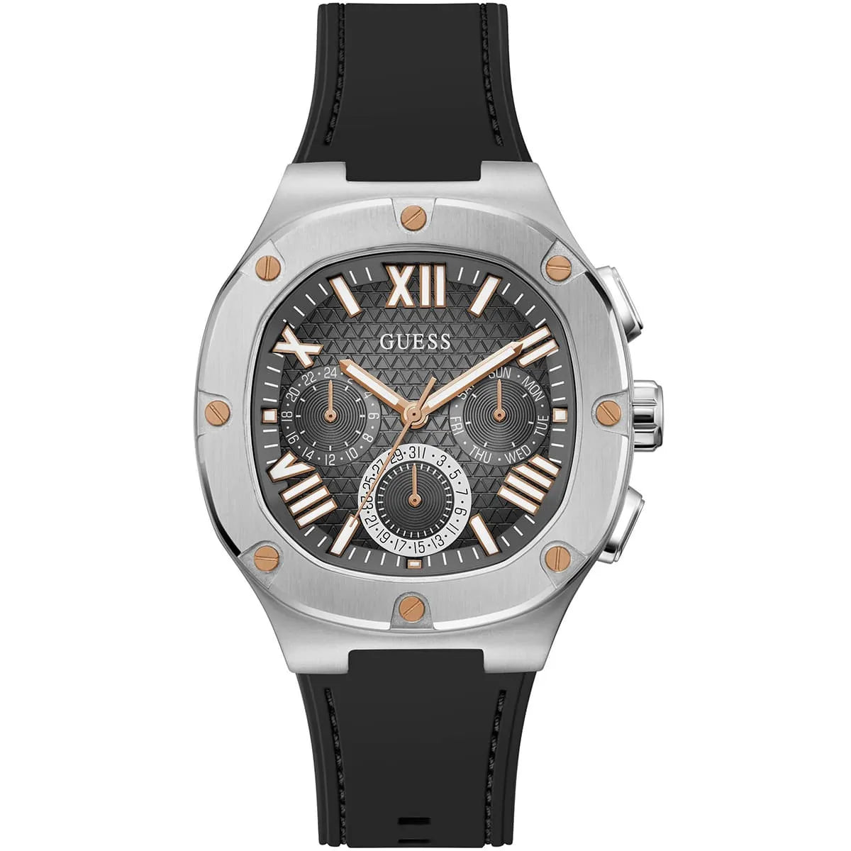 Guess Headline GW0571G1 Silver Case Black Dial Black Rubber Strap Men's Watch