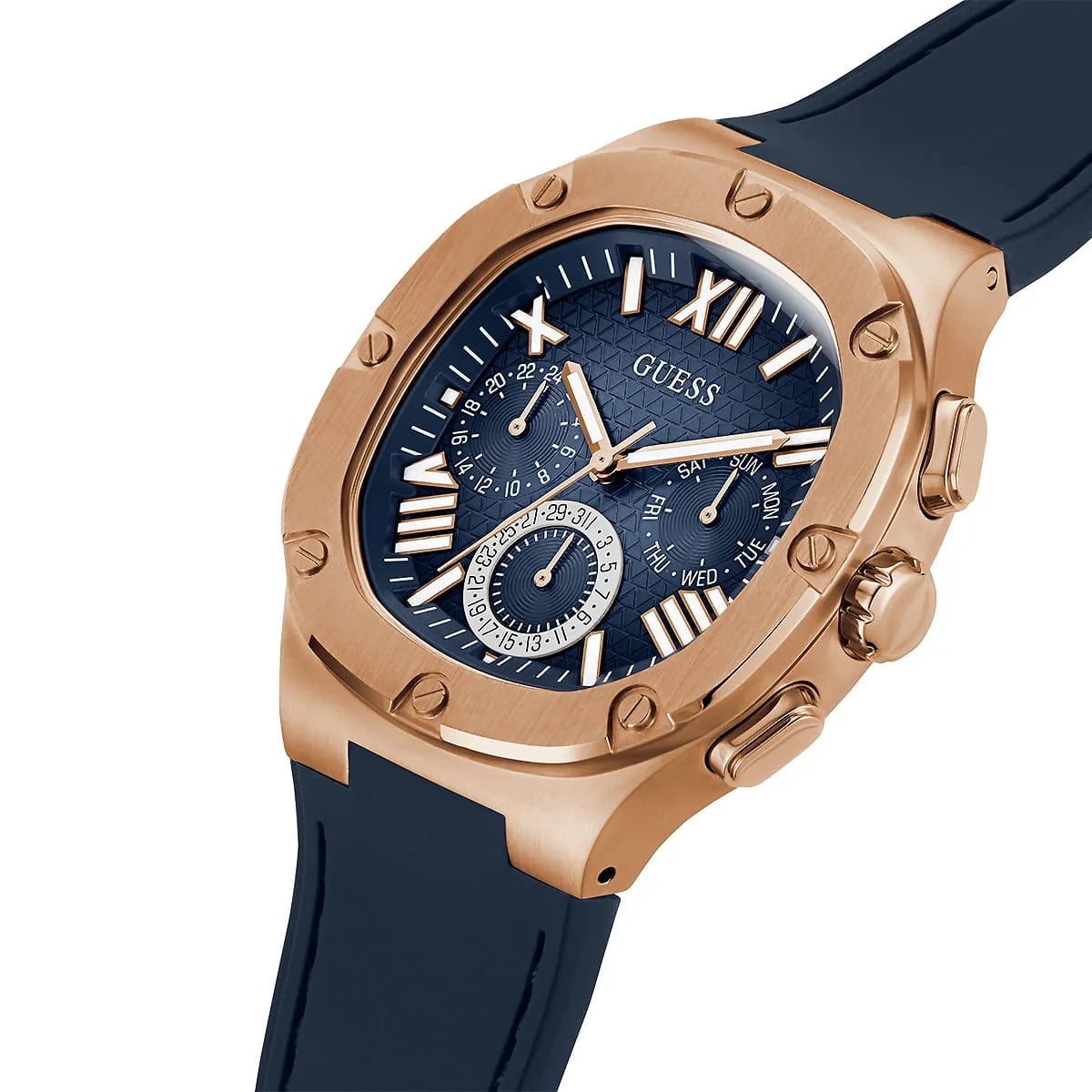 Guess Headline GW0571G2 Rose Gold Case Navy Blue Dial Rubber Strap Men's Watch