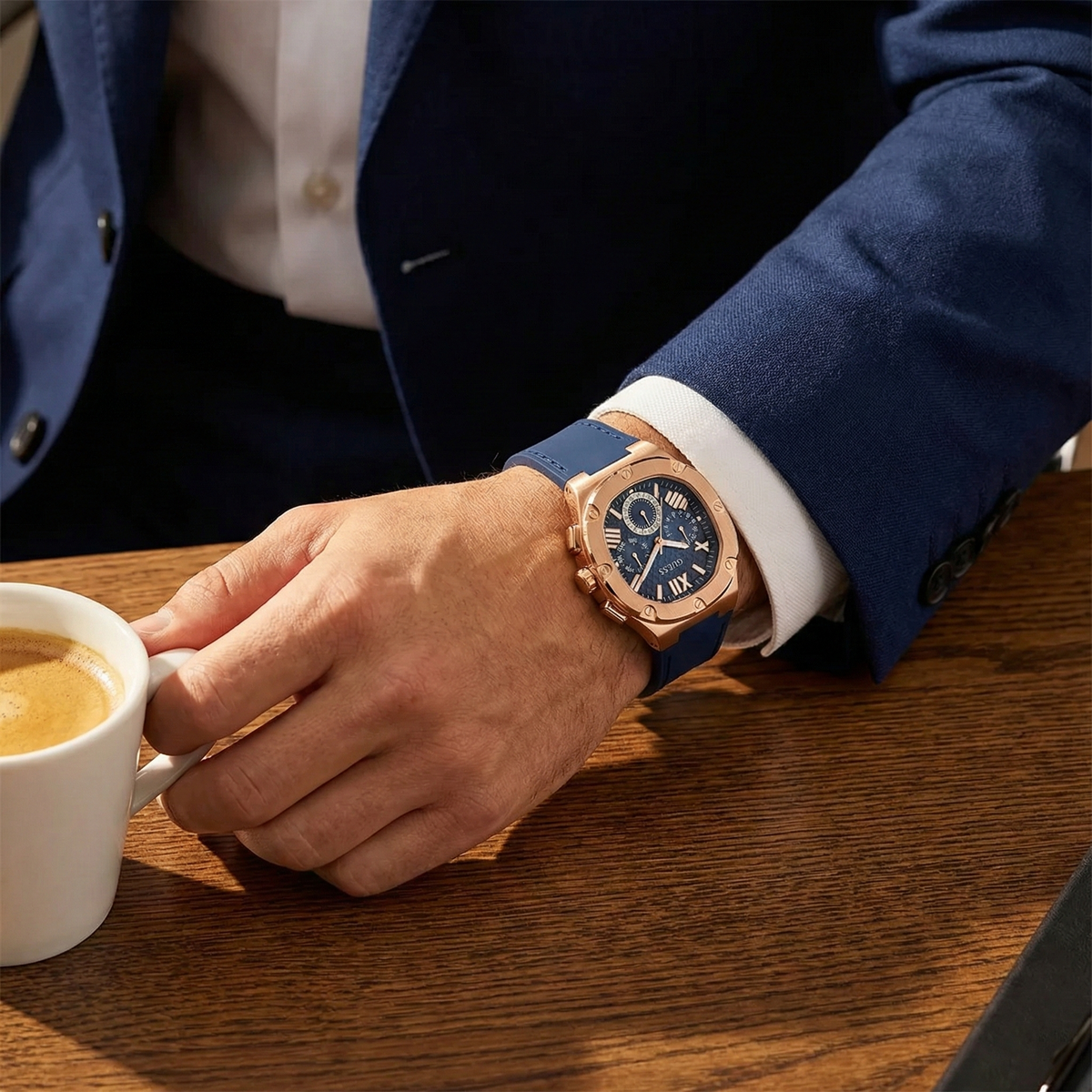 Guess Headline GW0571G2 Rose Gold Case Navy Blue Dial Rubber Strap Men's Watch