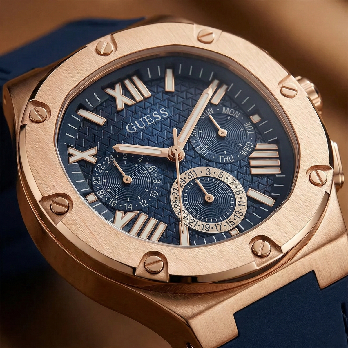 Guess Headline GW0571G2 Rose Gold Case Navy Blue Dial Rubber Strap Men's Watch