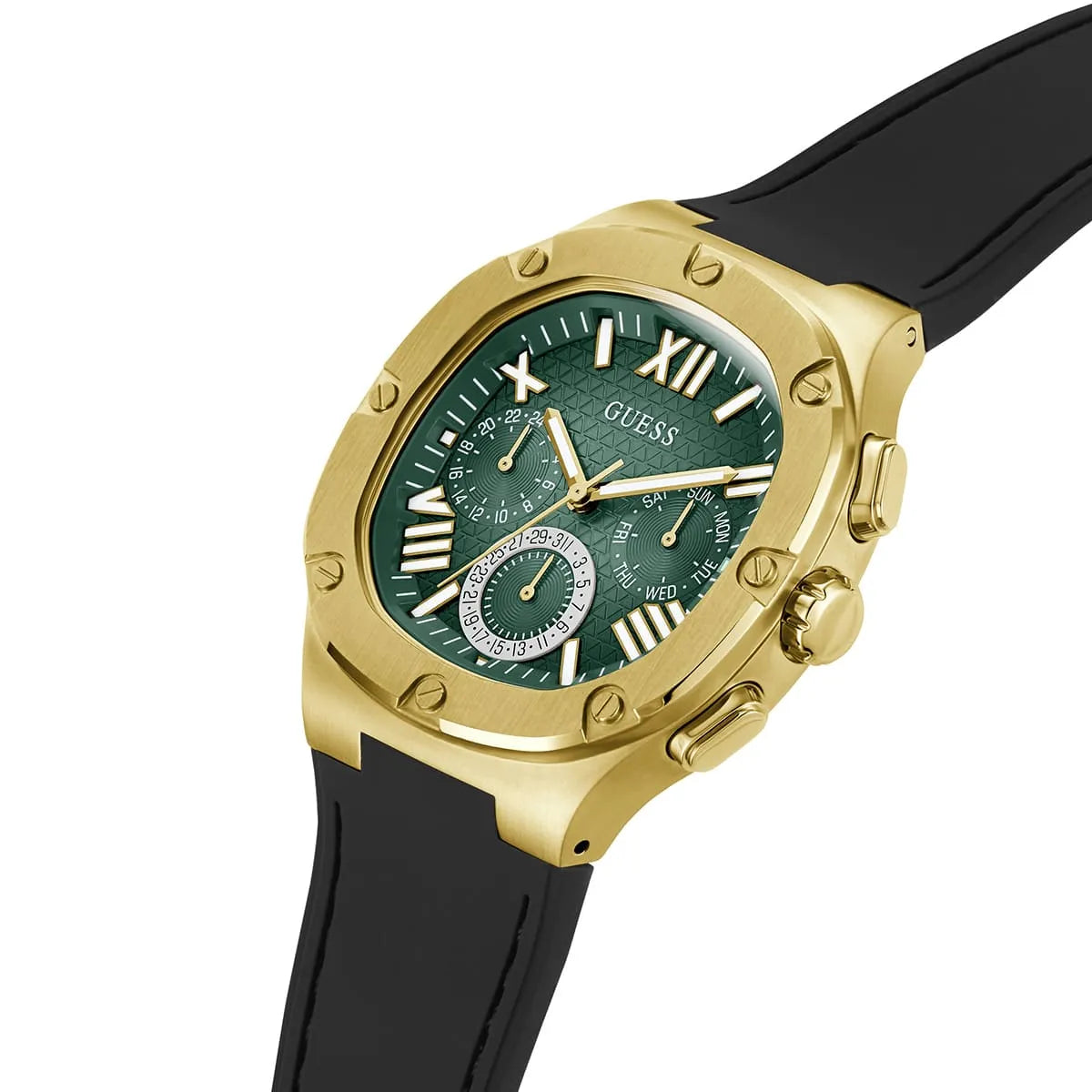 Guess Headline GW0571G3 Gold-Tone Case Green Textured Dial Black Rubber Strap Men's Watch