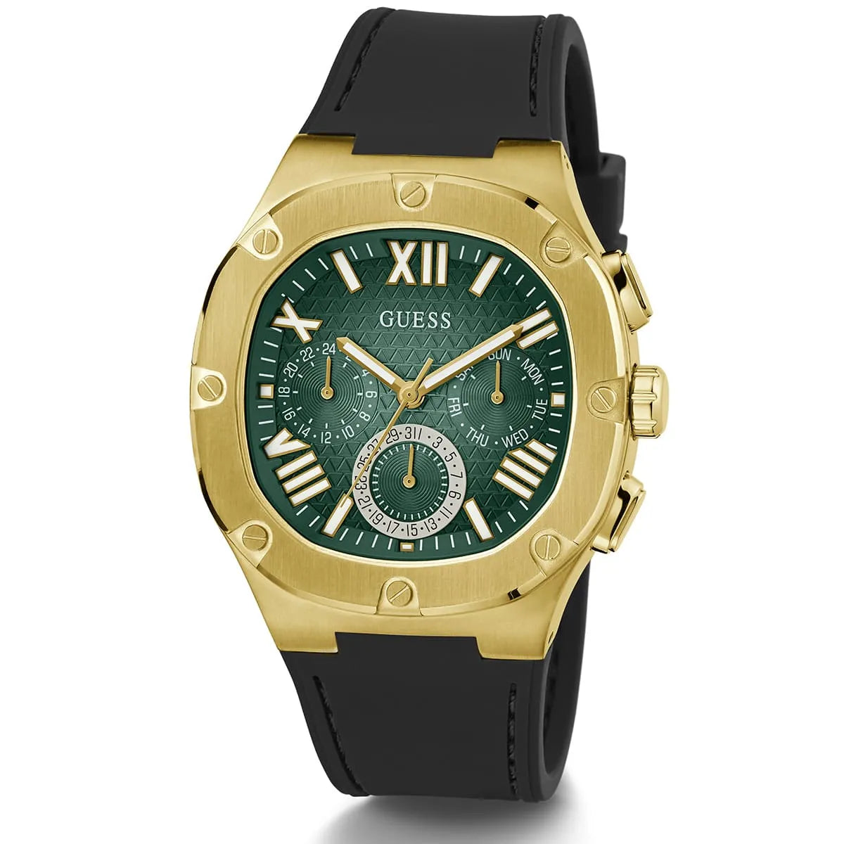 Guess Headline GW0571G3 Gold-Tone Case Green Textured Dial Black Rubber Strap Men's Watch