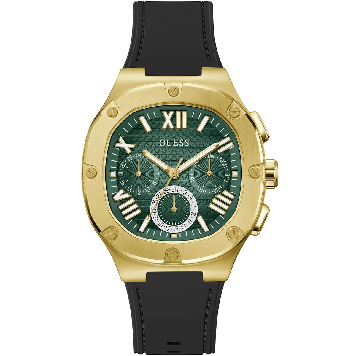 Guess Headline GW0571G3 Gold-Tone Case Green Textured Dial Black Rubber Strap Men's Watch