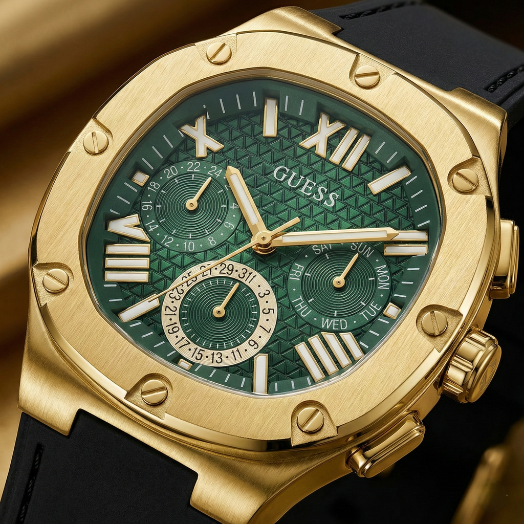 Guess Headline GW0571G3 Gold-Tone Case Green Textured Dial Black Rubber Strap Men's Watch