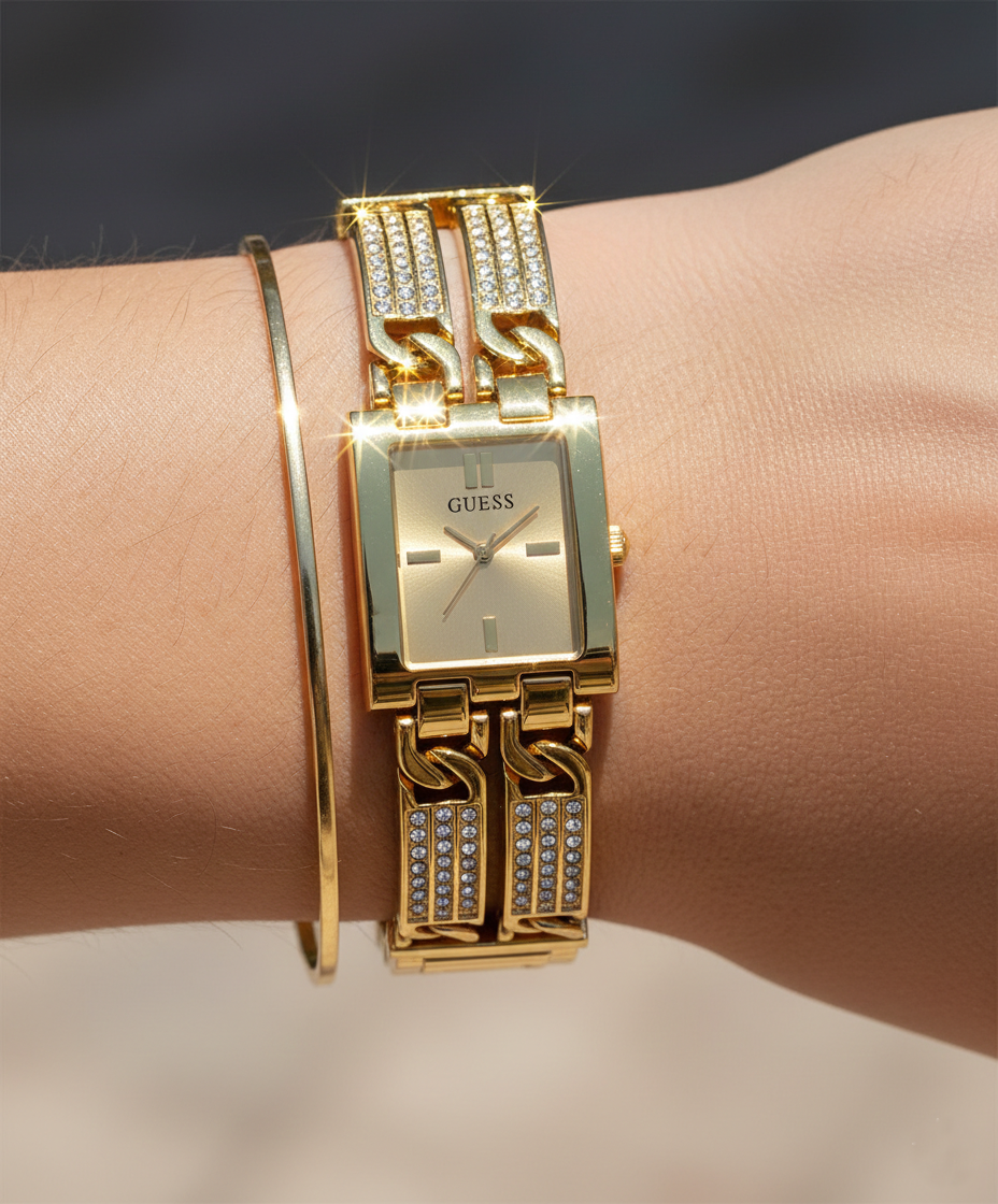 ساعة Guess GW0668L2 بسوار كريستالي مستطيل ذهبي اللون
