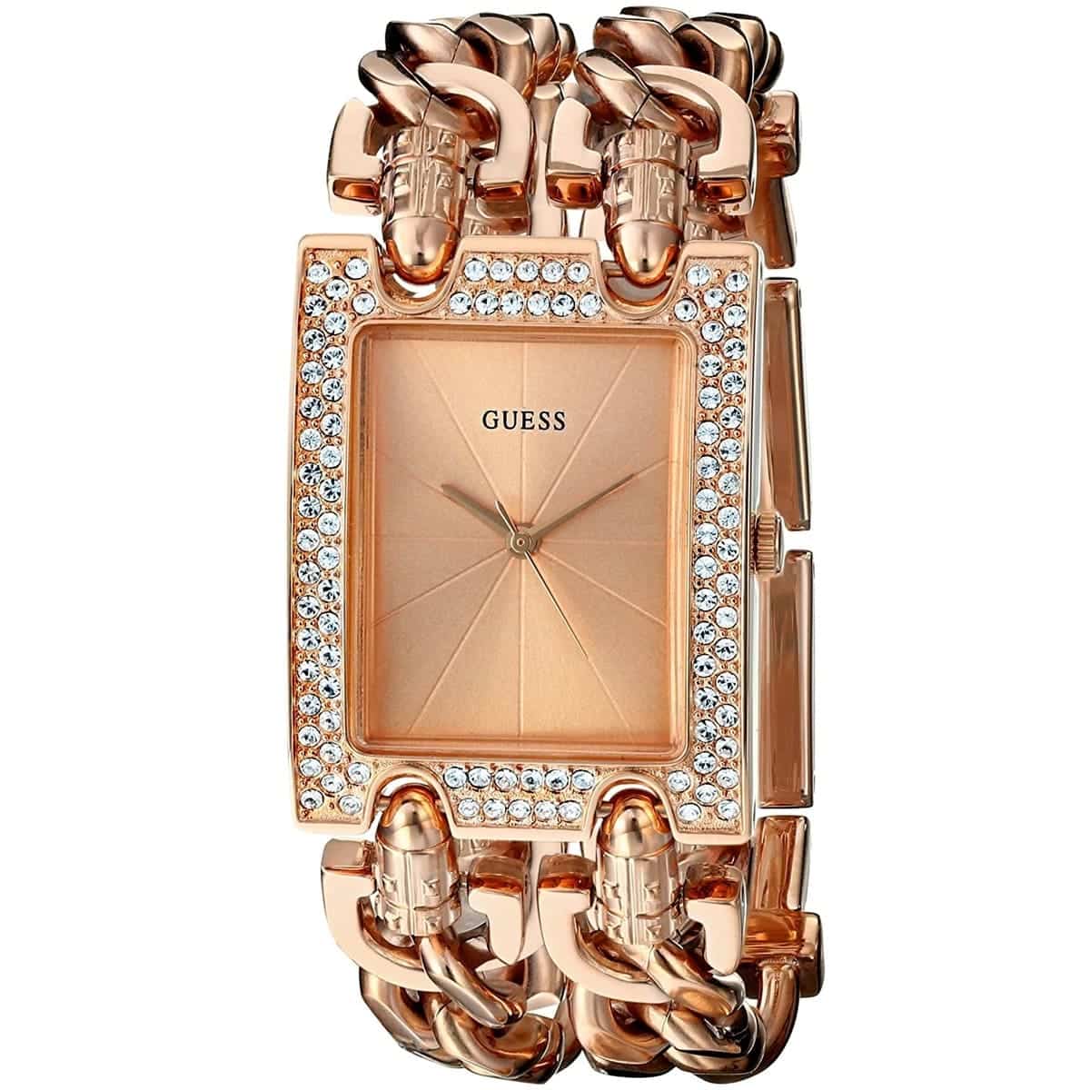 ساعة Guess Mod Heavy Metal W0072L3 بسوار سلسلة ذهب وردي ومينا مستطيلة