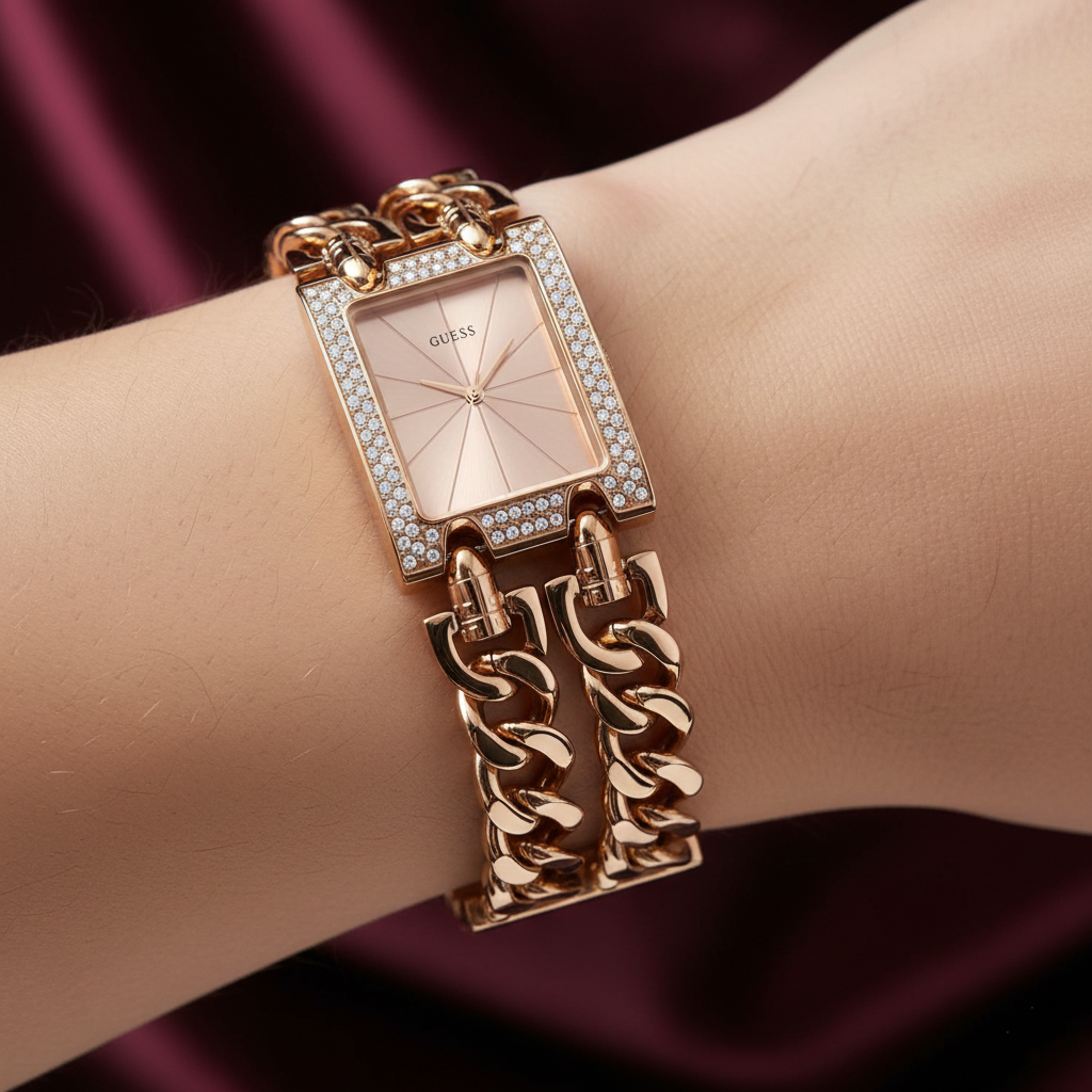 Guess Mod Heavy Metal W0072L3 Rose Gold Chain Bracelet Rectangular Watch