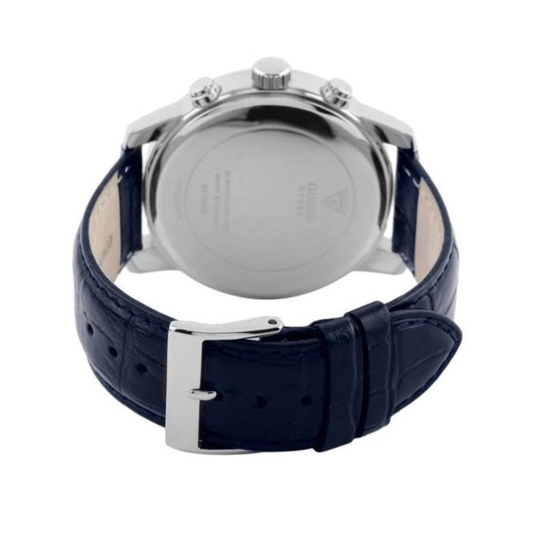 Guess Horizon W0380G3 Silver Tone Case Black Dial Blue Leather Watch