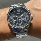 Guess Horizon W0379G1 Silver Tone Black Dial Chronograph Look Watch