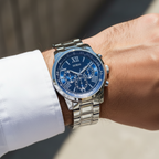 Guess Horizon W0379G3 Silver Tone Blue Dial Chronograph Look Watch