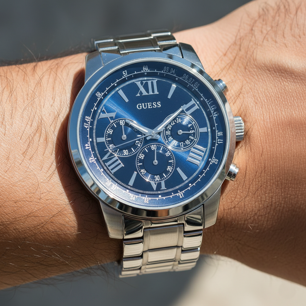 Guess Horizon W0379G3 Silver Tone Blue Dial Chronograph Look Watch
