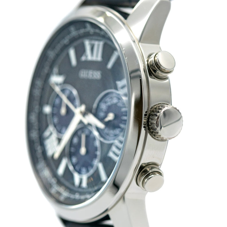 Guess Horizon W0380G3 Silver Tone Case Black Dial Blue Leather Watch