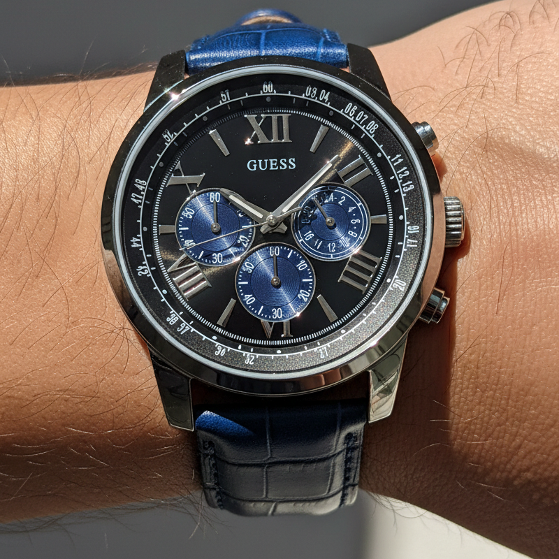 Guess Horizon W0380G3 Silver Tone Case Black Dial Blue Leather Watch