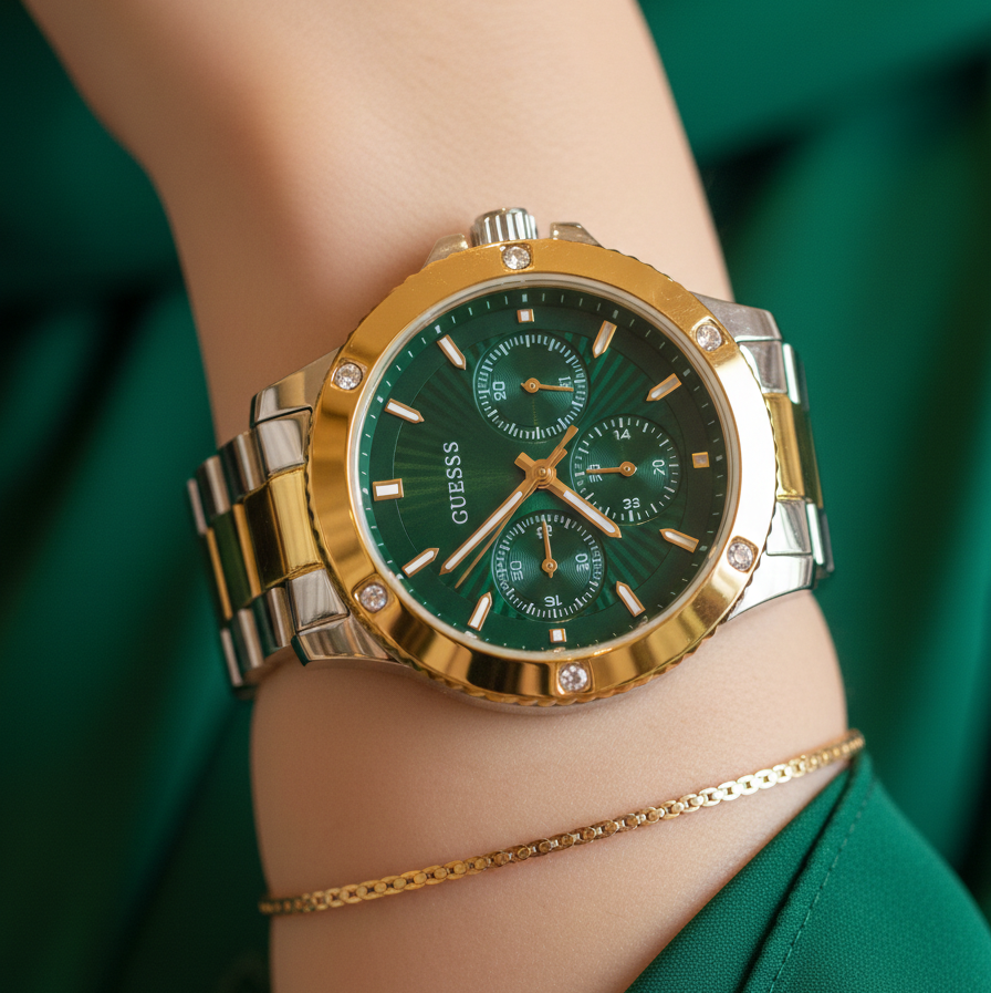 ساعة يد نسائية guess mist طراز GW0723L1 بلونين فضي وذهبي مع مينا أخضر