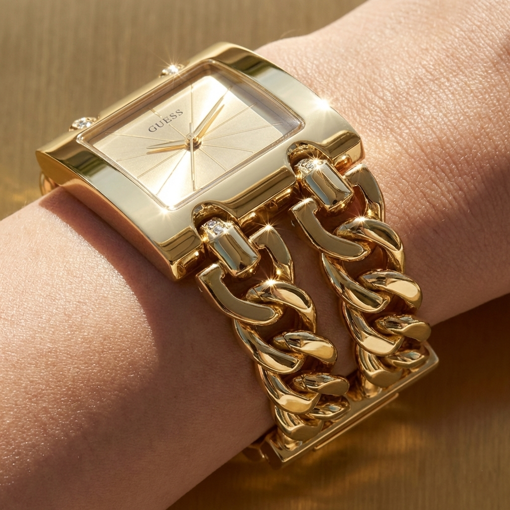 Guess Mod Heavy Metal W1117L2 Gold Tone Chain Bracelet Polished Watch