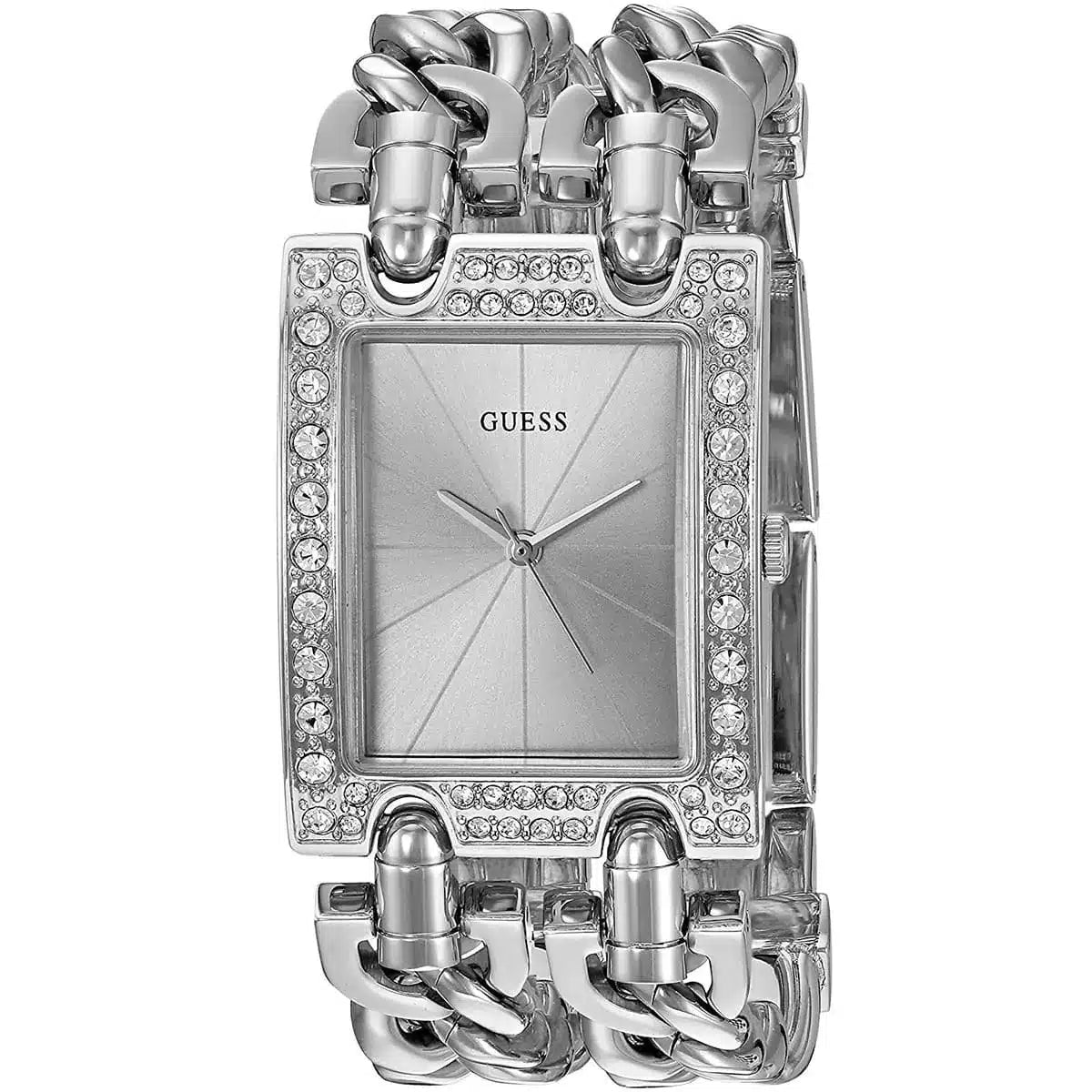 Guess Mod Heavy Metal W1121L1 Silver Tone Chain Bracelet Crystal Bezel Watch