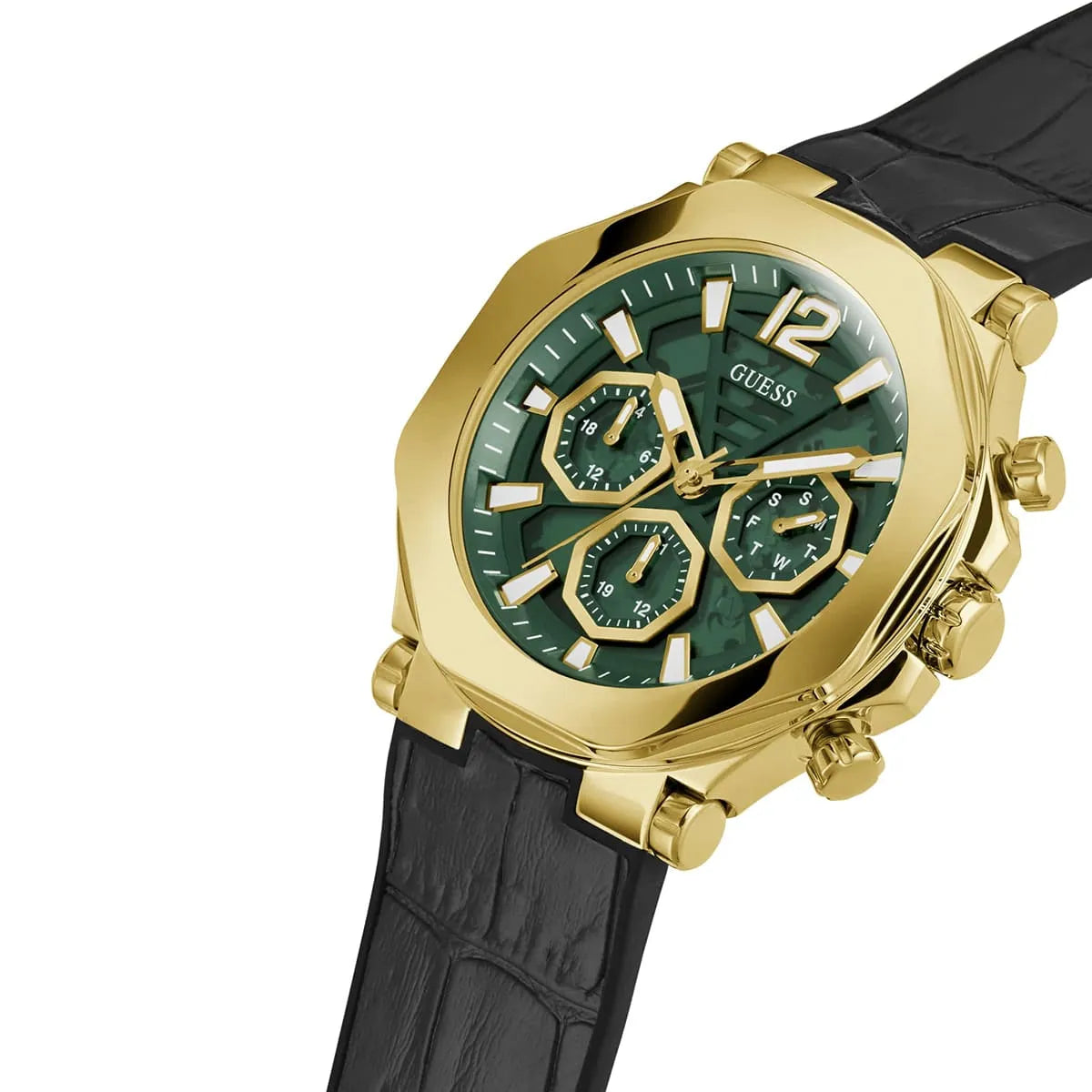 Guess Momentum GW0492G3 Gold Tone Green Dial Black Leather Strap Watch