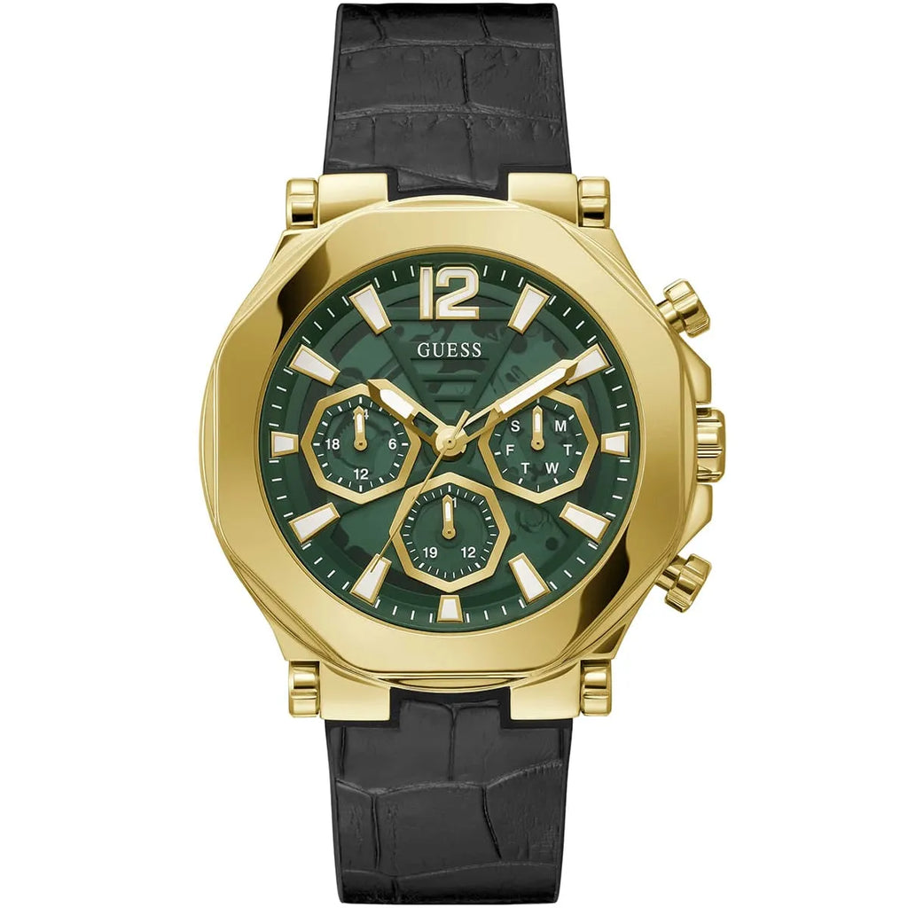 Guess Momentum GW0492G3 Gold Tone Green Dial Black Leather Strap Watch