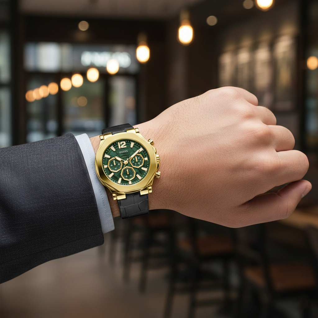 Guess Momentum GW0492G3 Gold Tone Green Dial Black Leather Strap Watch