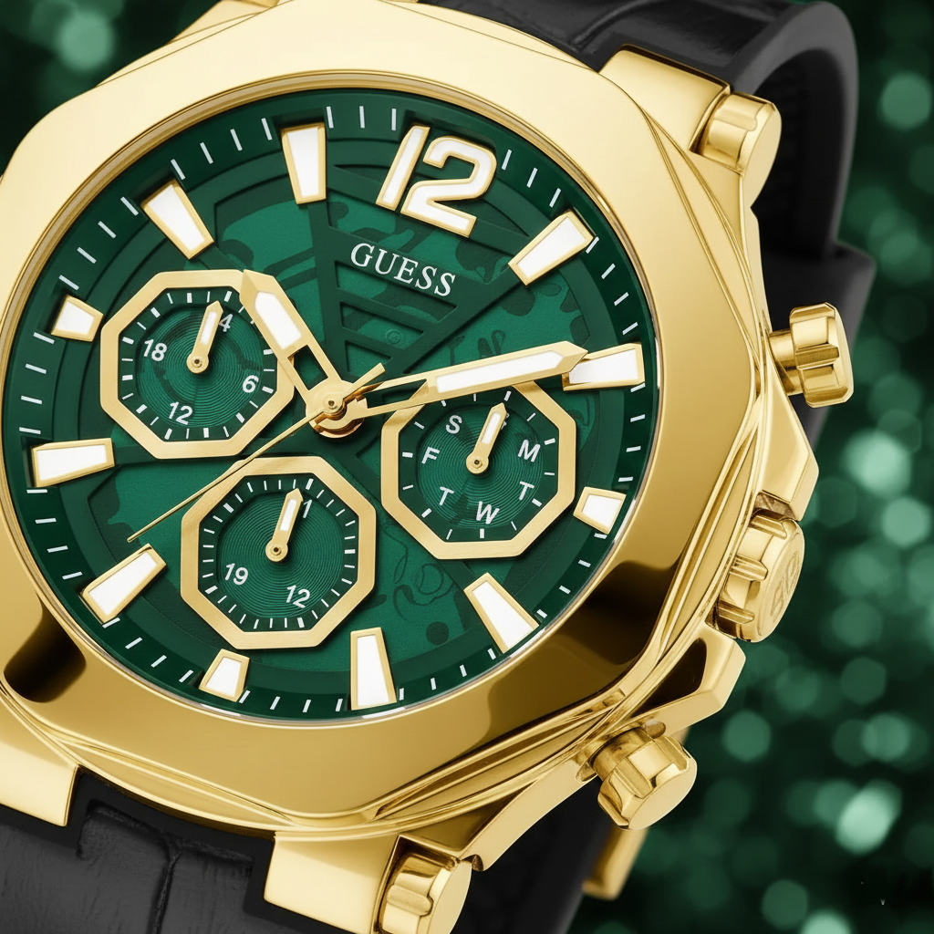 Guess Momentum GW0492G3 Gold Tone Green Dial Black Leather Strap Watch