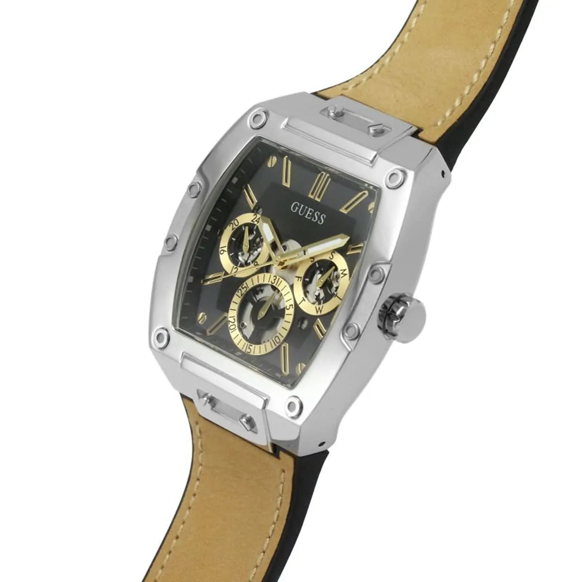 Guess Phoenix GW0202G3 Silver Tone Case Black Dial Brown Rubber Watch