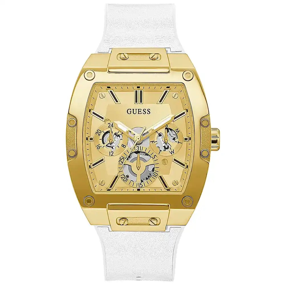 ساعة يد رجالية Guess Phoenix GW0202G6 ذهبية اللون ومطاط أبيض