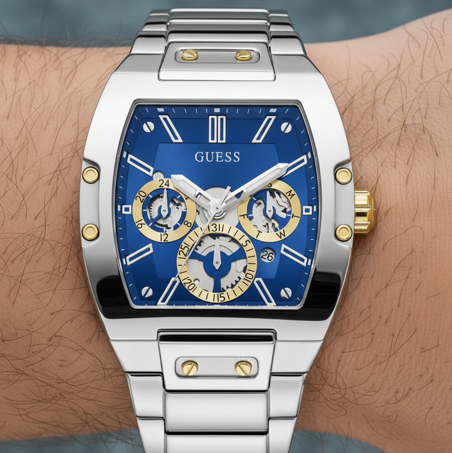 Guess Phoenix GW0456G5 Silver Tonneau Case Blue Dial Multifunction Watch