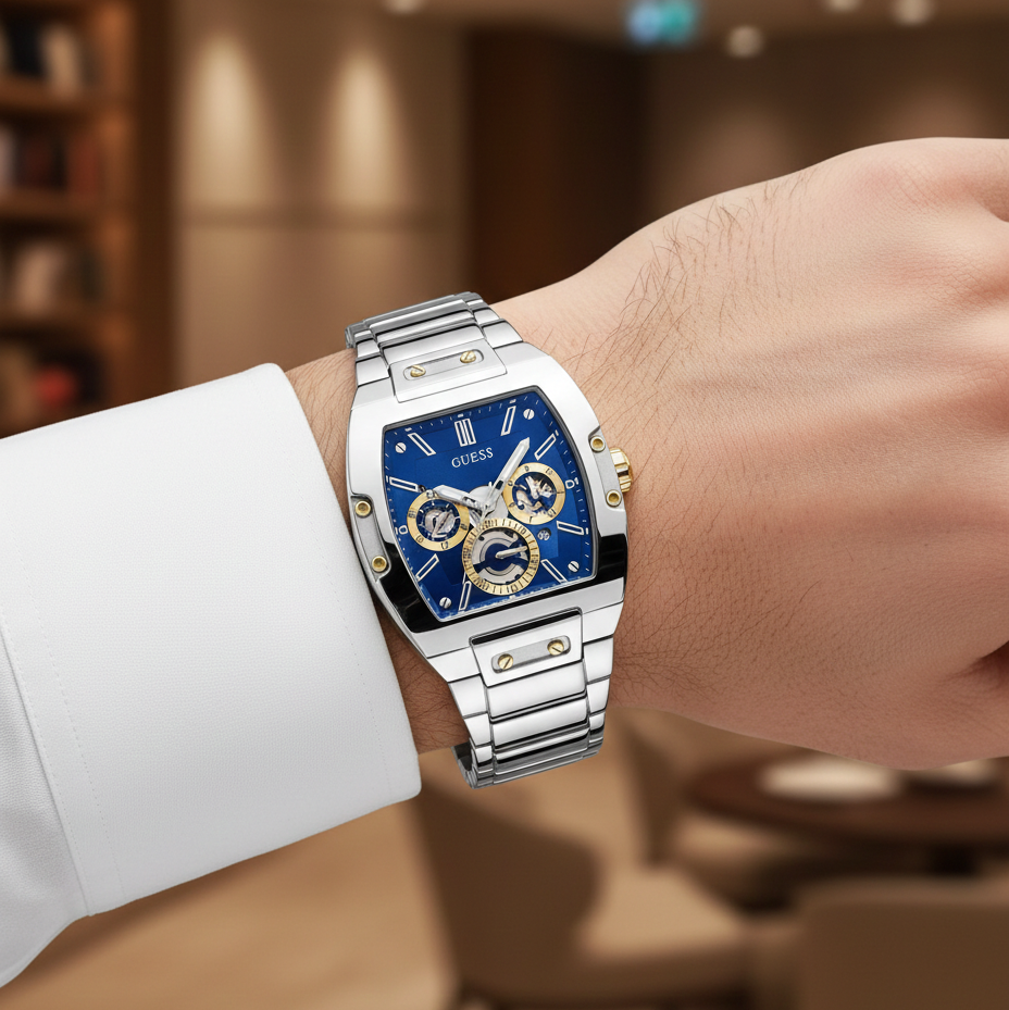 Guess Phoenix GW0456G5 Silver Tonneau Case Blue Dial Multifunction Watch