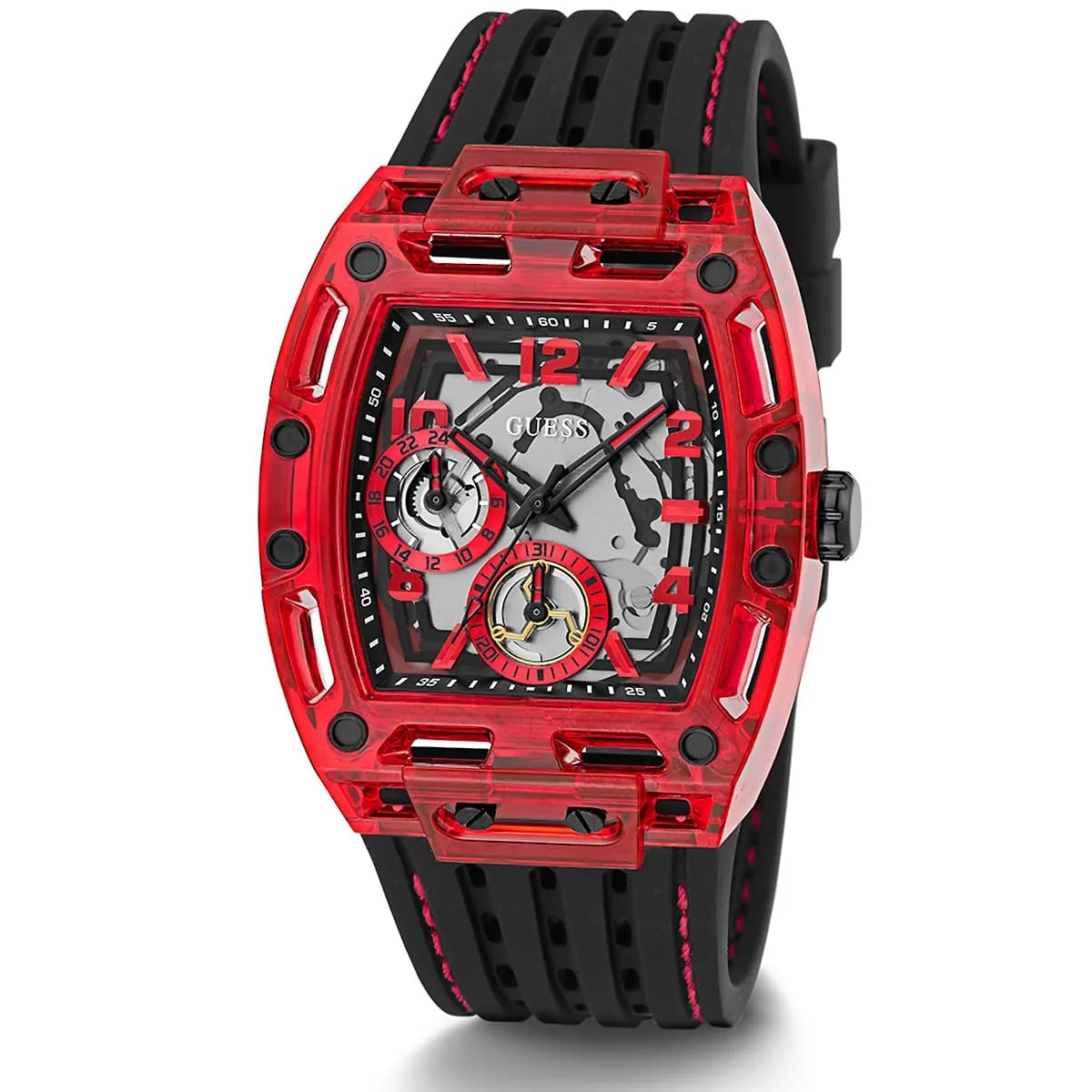 Guess Phoenix GW0499G4 Red Transparent Case Black Silicone Multifunction Watch