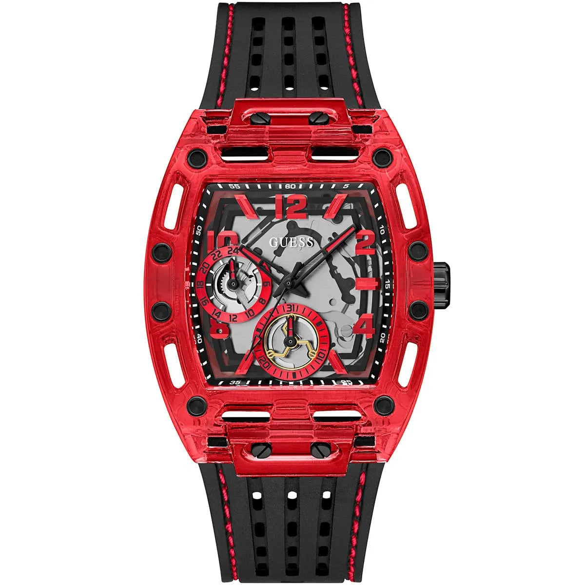 Guess Phoenix GW0499G4 Red Transparent Case Black Silicone Multifunction Watch