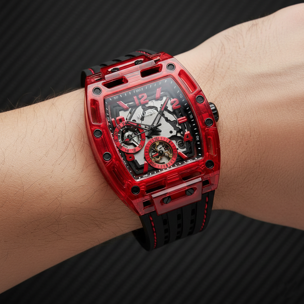 Guess Phoenix GW0499G4 Red Transparent Case Black Silicone Multifunction Watch