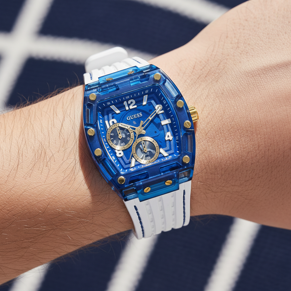 Guess Phoenix GW0499G6 Blue Transparent Case White Silicone Multifunction Watch