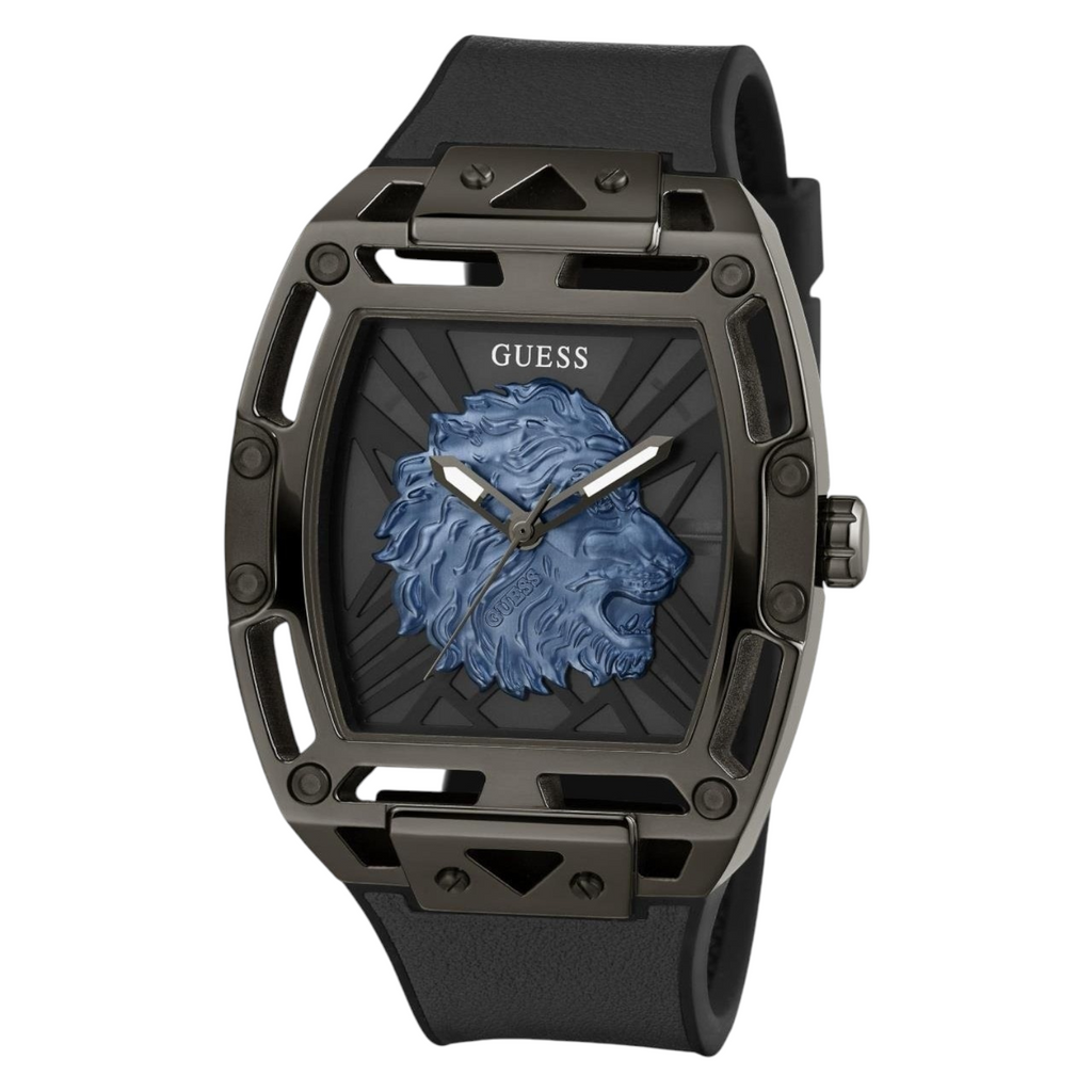 ساعة Guess Phoenix Lion Head GW0595G2 بهيكل أسود وقرص أزرق على شكل أسد وسوار سيليكون أسود