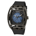 ساعة Guess Phoenix Lion Head GW0595G2 بهيكل أسود وقرص أزرق على شكل أسد وسوار سيليكون أسود