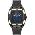 ساعة Guess Phoenix Lion Head GW0595G2 بهيكل أسود وقرص أزرق على شكل أسد وسوار سيليكون أسود