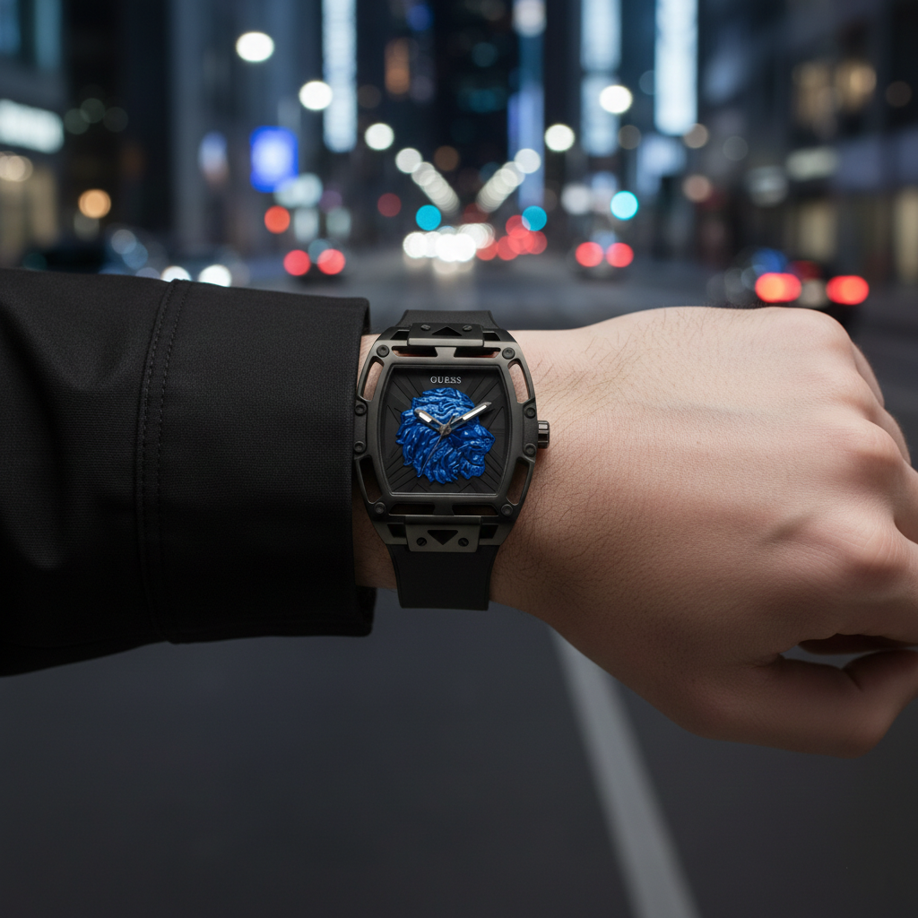 Guess Phoenix Lion Head GW0595G2 Black Case Blue Lion Black Silicone Watch