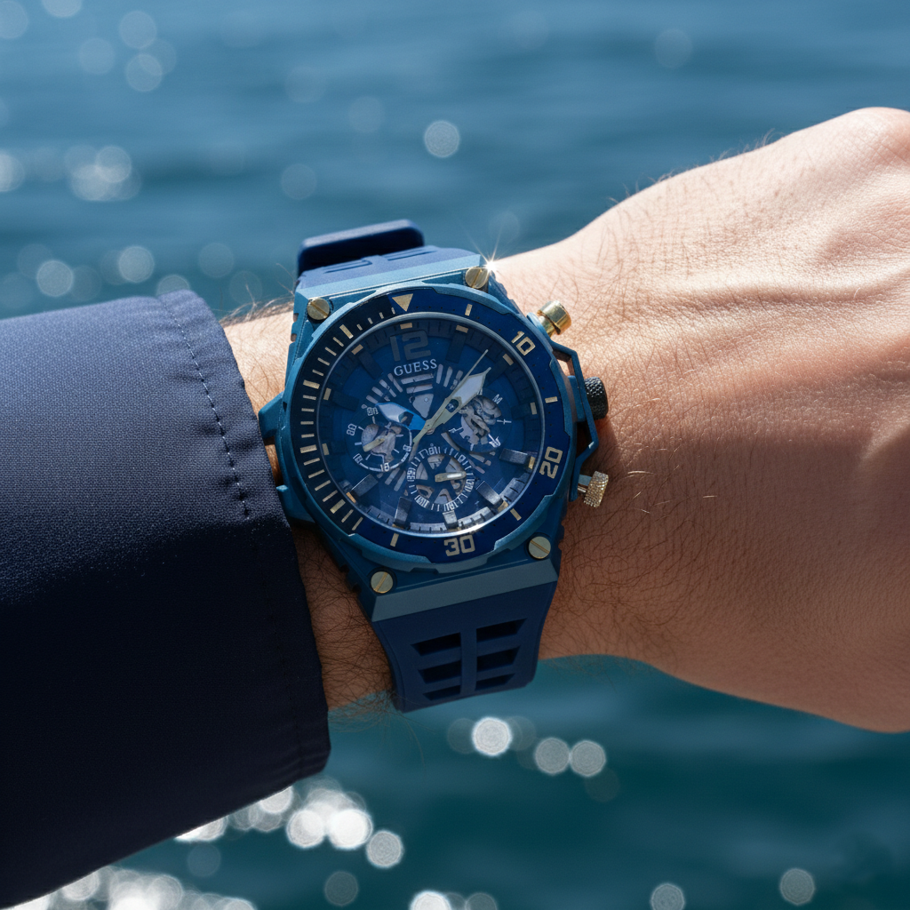 Guess Treasure GW0443G1 Blue Tone Skeleton Dial Blue Rubber Watch