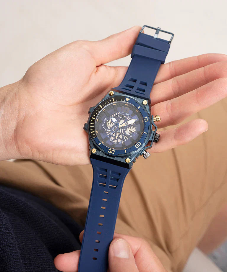 Guess Treasure GW0443G1 Blue Tone Skeleton Dial Blue Rubber Watch